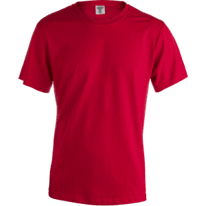 A red adult T-shirt with a crew neck and short sleeves, featuring a logo.