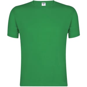 A green adult colour T-shirt with a round neckline and short sleeves. It features a logo on the label.