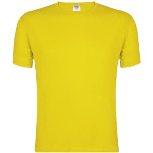 A bright yellow adult T-shirt with a standard crew neck and short sleeves. It features a logo on the label.