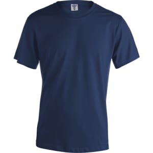 A navy blue adult t-shirt with short sleeves, featuring a tag and a logo.