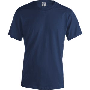 A navy blue adult colour T-shirt with a crew neck and short sleeves, featuring a logo.