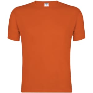 An orange adult t-shirt with a crew neckline and short sleeves. It features a logo on the label.