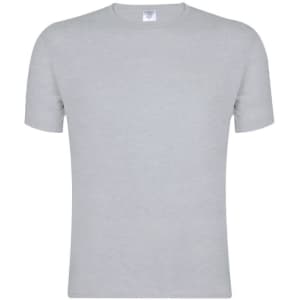 A plain grey adult T-shirt featuring a crew neckline and short sleeves, with a branding label at the neck.