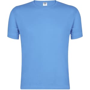 A blue adult T-shirt featuring a classic crew neck design and short sleeves. It has a branding logo on the inside label.