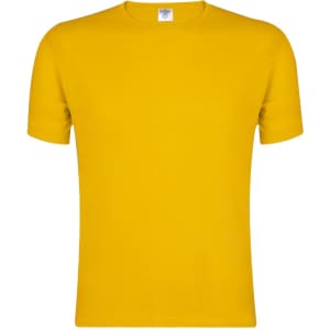 A bright yellow adult T-shirt with a classic crew neck and short sleeves. It features a brand logo on the label.