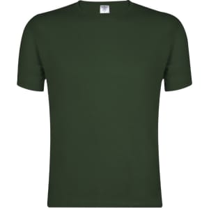 A dark green adult colour T-shirt featuring a round neck and short sleeves, with a logo on the label.