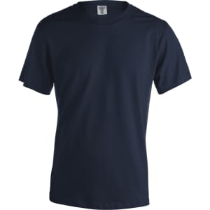 A navy blue adult T-shirt with a crew neck and short sleeves, featuring a logo on the label.