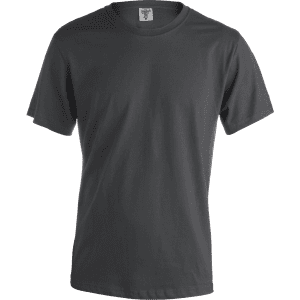 A dark grey adult t-shirt featuring short sleeves and a crew neckline, with a logo visible on the label.
