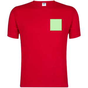 A red adult T-shirt featuring a green square pocket. Includes a logo on the label.