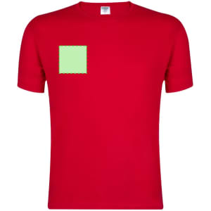 A red adult T-shirt with a green square design on the front and a small logo.