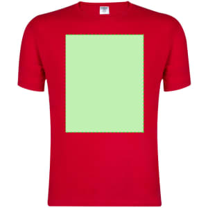 A red adult t-shirt featuring a blank green rectangular area and a logo on the label.