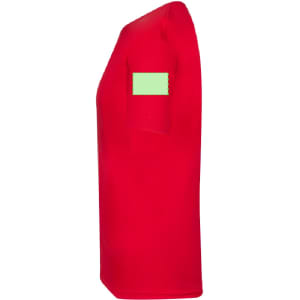 A red adult T-shirt featuring a logo on the sleeve, showcasing a simple and stylish design.