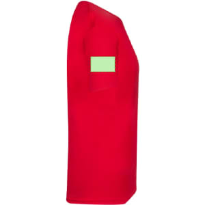 A red MC150 adult colour T-shirt with a blank logo area on the sleeve, showcasing a simple design.