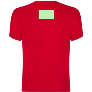 A red adult T-shirt with a blank area on the back and a logo on the front.