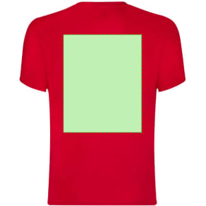 A red adult T-shirt featuring a blank green square area on the back and includes a logo.