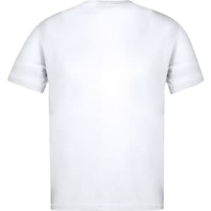 A plain adult white t-shirt featuring a simple design and a logo on the back.
