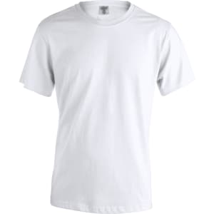 A plain adult white T-shirt with short sleeves, featuring a logo on the neck area.