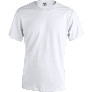 A plain white adult T-shirt with short sleeves and a logo on the label.