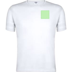 A plain white adult T-shirt featuring a logo area outlined in green.
