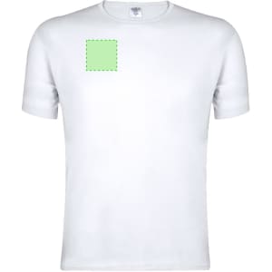 A white adult T-shirt featuring a blank area for branding or designs, with a logo on the left chest.