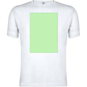 A white adult T-shirt featuring a blank green placeholder area for printing. The shirt has a logo.