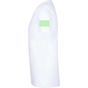A white adult T-shirt featuring a green placeholder on the sleeve. It has a standard crew neck design.