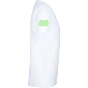 A white adult T-shirt featuring a simple design with a logo or branding on the sleeve.