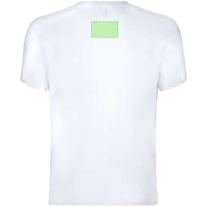 A white adult T-shirt with a blank area at the back, featuring a logo or branding.