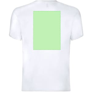 A white adult T-shirt featuring a green rectangle on the back and a logo.
