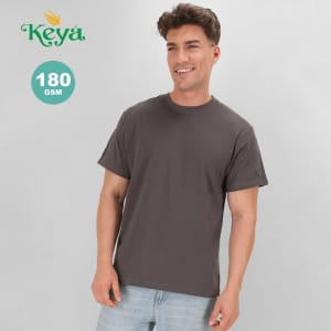 A man wearing an adult charcoal grey T-shirt. The shirt has a logo and is made from 180 GSM fabric.