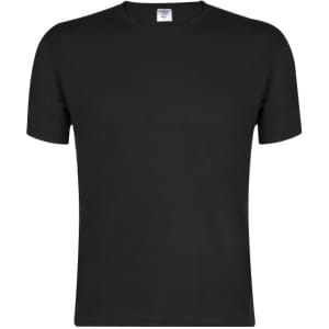 A black adult T-shirt with a round neckline and short sleeves, featuring a logo on the label.