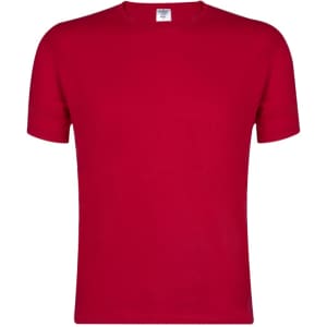 A red adult t-shirt featuring a crew neck and short sleeves, with a logo on the label.