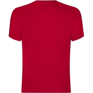 A red adult T-shirt with a plain back and short sleeves, featuring a logo.