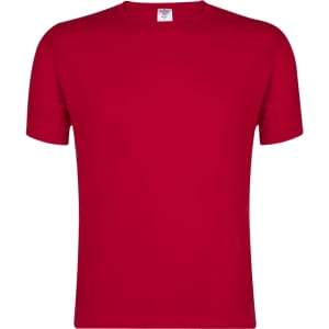 A plain red adult T-shirt with a crew neckline, featuring a brand logo on the label.