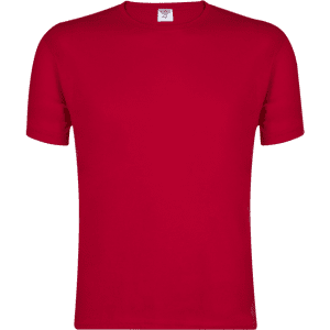 A red adult colour T-shirt with a crew neck and short sleeves, featuring a branding label.