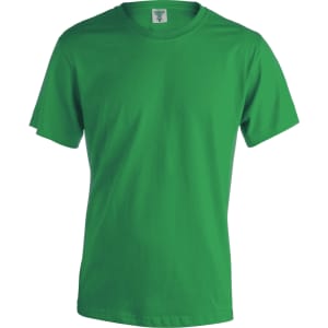 A bright green adult T-shirt featuring a round neck and short sleeves, with a label and a logo.