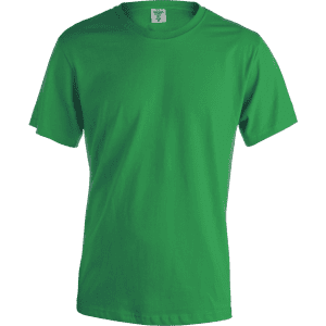 A green adult T-shirt with a crew neckline and short sleeves, featuring a logo on the label.
