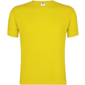 A bright yellow MC180 Adult Colour T-Shirt with a round neckline and short sleeves. It features a logo.