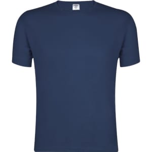 A navy blue adult T-shirt with a crew neckline and short sleeves, featuring a branding logo.