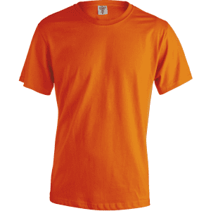 An orange adult T-shirt with a classic crew neck and short sleeves, featuring a logo on the label.
