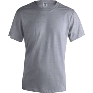A grey adult T-shirt with short sleeves and a round neck, featuring a logo on the label.