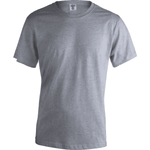 A grey adult T-shirt with short sleeves and a brand label inside the collar.