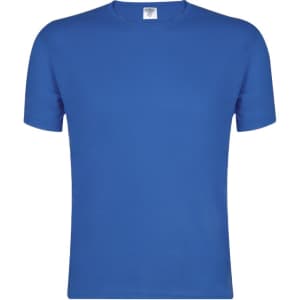 A blue adult T-shirt with a classic crew neck and short sleeves. It features a logo on the label.