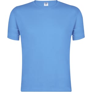 A blue adult T-shirt featuring short sleeves and a branding label at the neck.