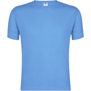 A blue adult T-shirt with short sleeves and a logo on the label.