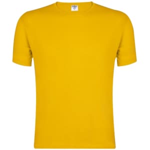 A bright yellow adult T-shirt with short sleeves, featuring a label and a simple design.