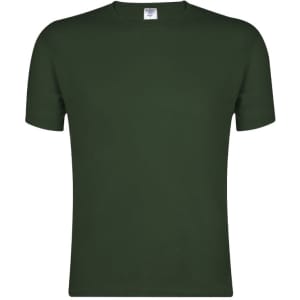 A dark green adult t-shirt with a round neck and short sleeves. The shirt features a logo on the tag.