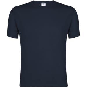 A navy blue adult T-shirt with short sleeves and a label on the neckline. It features a logo on the front.