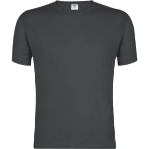 A dark grey adult T-shirt with a classic crew neck design and short sleeves, featuring a logo on the label.