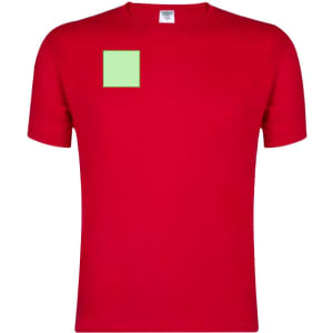 A red adult T-shirt with a blank patch on the front for customisation. It features a logo on the neckline.